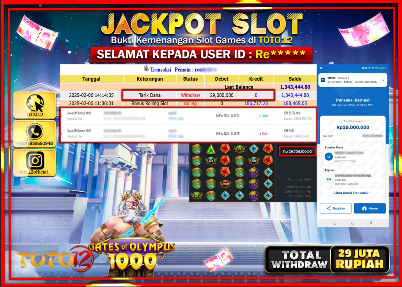 HANYA DI TOTO12 JP PASTI DI BAYAR LUNAS DAN CEPAT!!!!!! JACKPOT SLOT GAME (GATES OF OLYMPUS 1000) Rp.29.000.000 !!!!