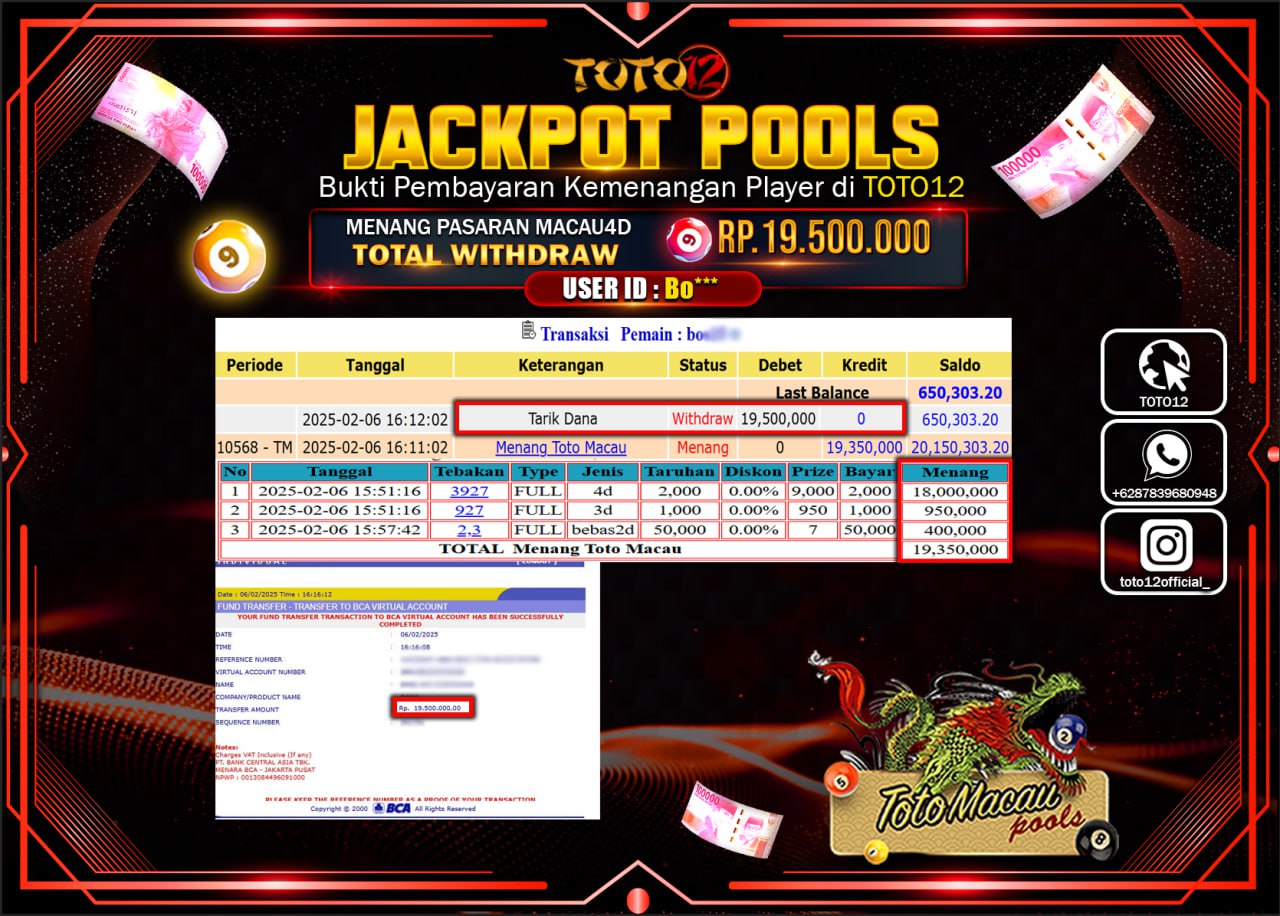 HANYA DI TOTO12 JP PASTI DI BAYAR LUNAS DAN CEPAT!!!!!! JACKPOT POOLS (TOTO MACAU) Rp.19.500.000 !!!!