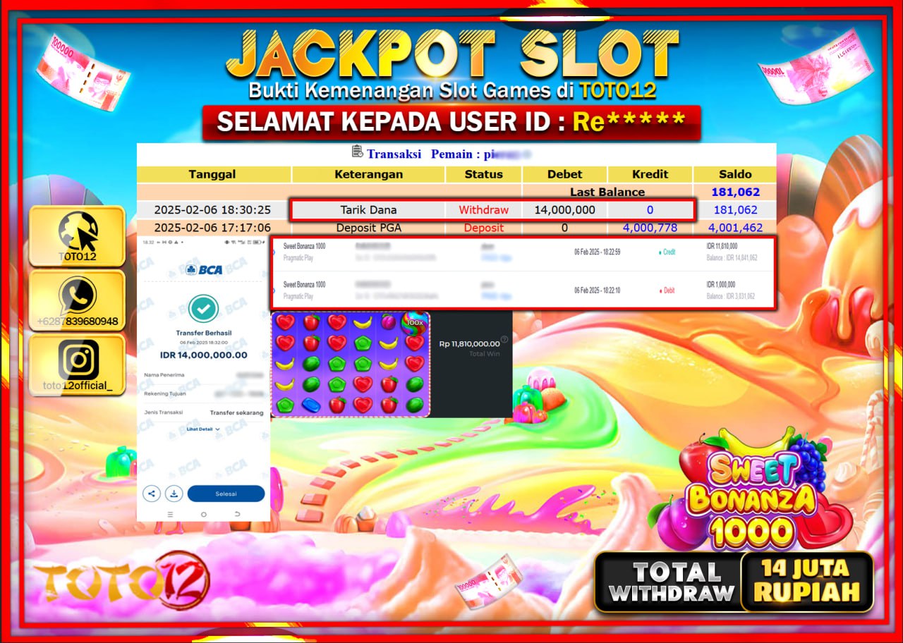 HANYA DI TOTO12 JP PASTI DI BAYAR LUNAS DAN CEPAT!!!!!! JACKPOT SLOT GAME (SWEET BONANZA 1000) Rp.14.000.000 !!!!