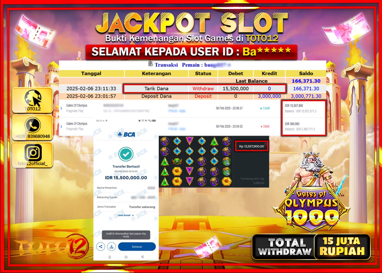 HANYA DI TOTO12 JP PASTI DI BAYAR LUNAS DAN CEPAT!!!!!! JACKPOT SLOT GAME (GATES OF OLYMPUS 1000) Rp.15.500.000 !!!!