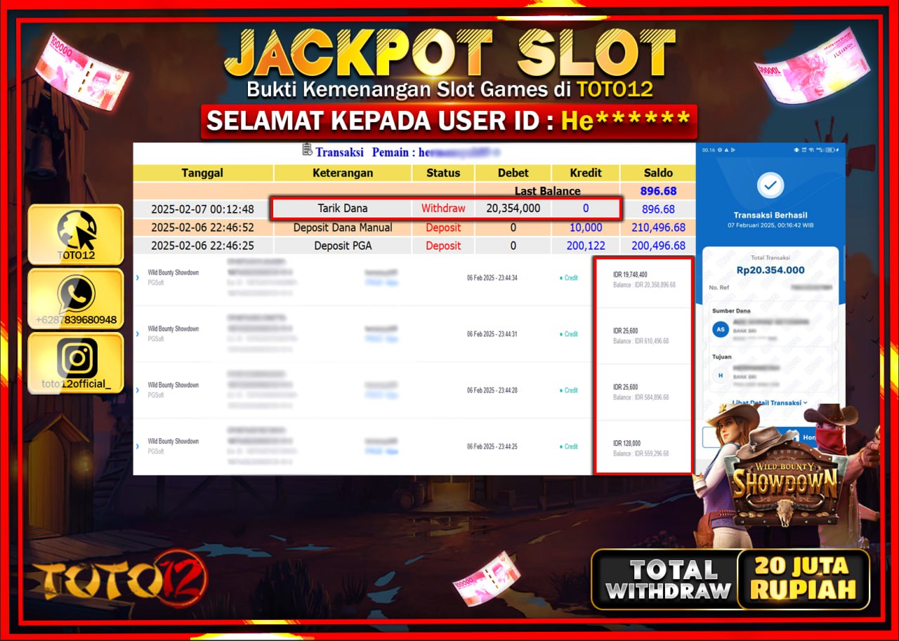 HANYA DI TOTO12 JP PASTI DI BAYAR LUNAS DAN CEPAT!!!!!! JACKPOT SLOT GAME (WILD BOUNTY SHOWDOWN) Rp.20.354.000 !!!!