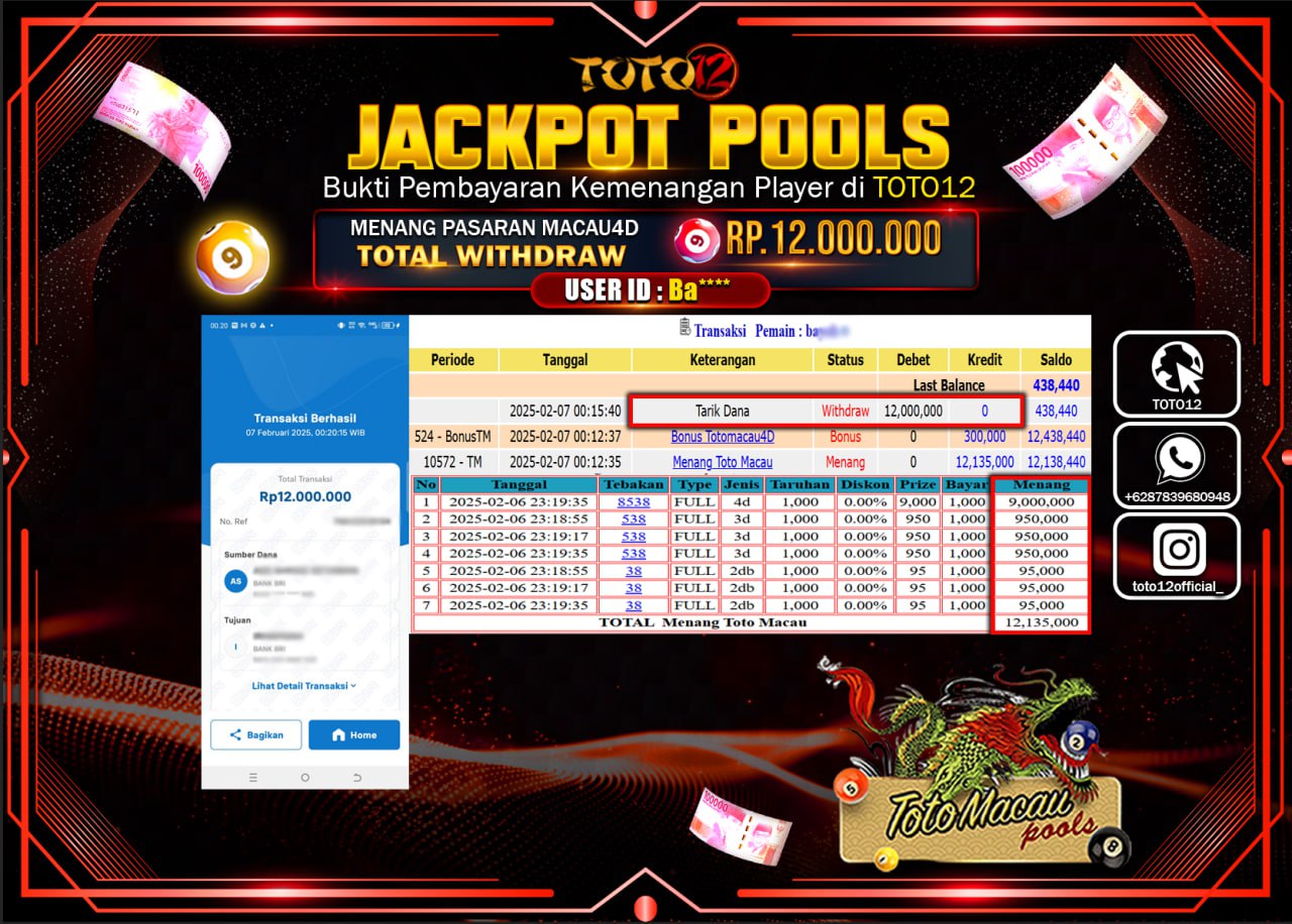 HANYA DI TOTO12 JP PASTI DI BAYAR LUNAS DAN CEPAT!!!!!! JACKPOT POOLS (TOTO MACAU) Rp.12.000.000 !!!!