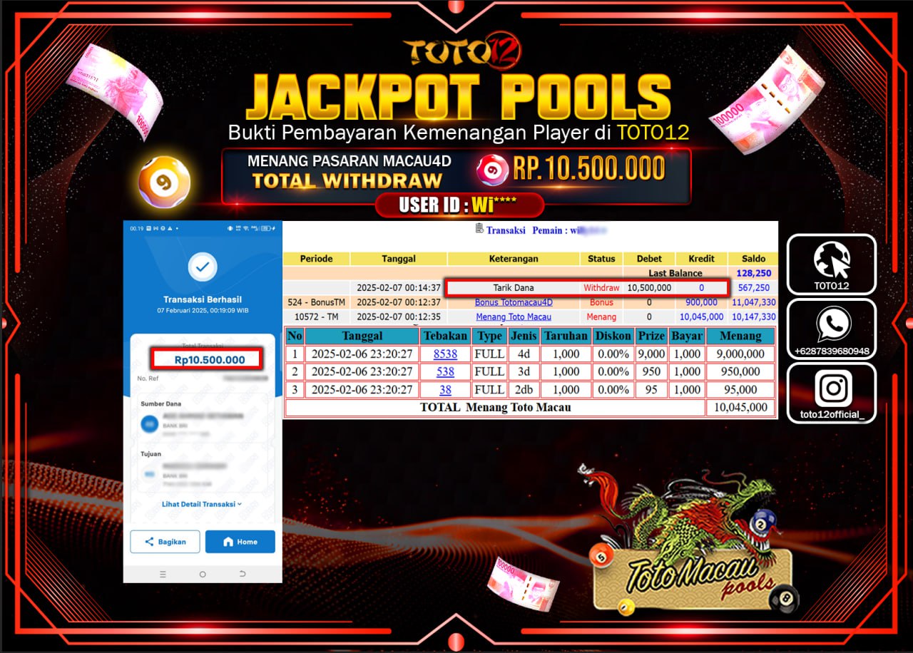 HANYA DI TOTO12 JP PASTI DI BAYAR LUNAS DAN CEPAT!!!!!! JACKPOT POOLS (TOTO MACAU) Rp.10.500.000 !!!!