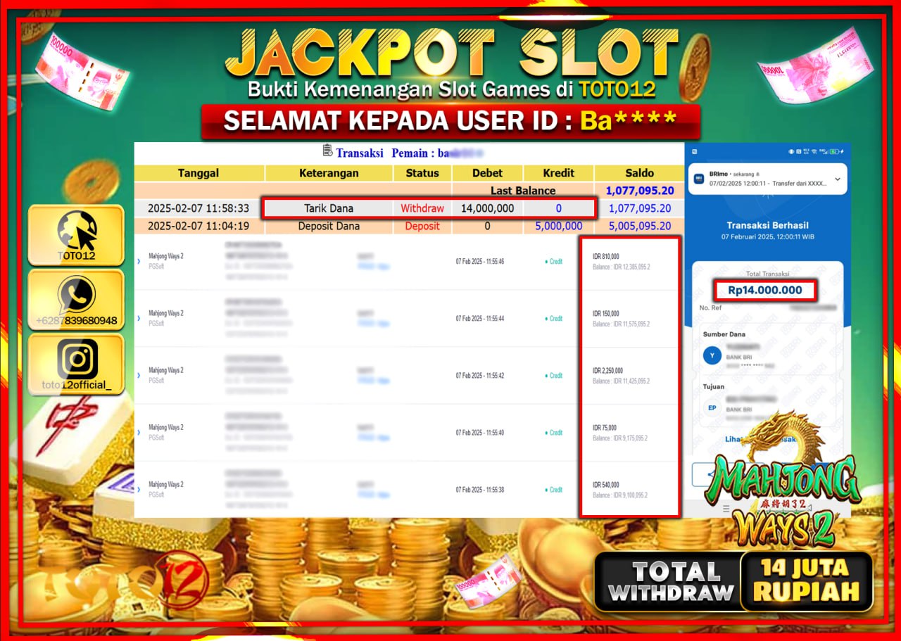 HANYA DI TOTO12 JP PASTI DI BAYAR LUNAS DAN CEPAT!!!!!! JACKPOT SLOT GAME (MAHJONG WAYS 2) Rp.14.000.000 !!!!