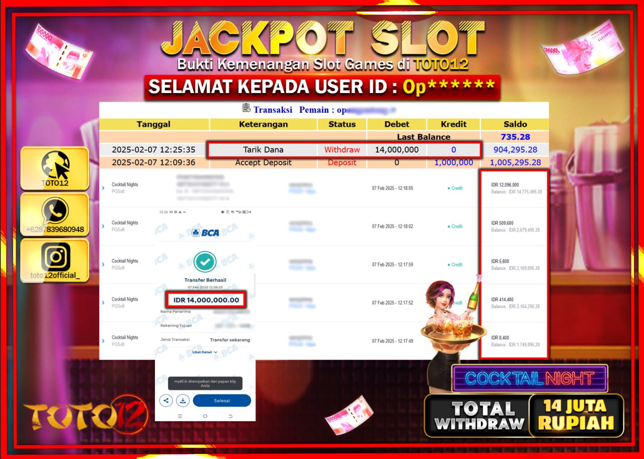 HANYA DI TOTO12 JP PASTI DI BAYAR LUNAS DAN CEPAT!!!!!! JACKPOT SLOT GAME (COCKTAIL NIGHT) Rp.14.000.000 !!!!