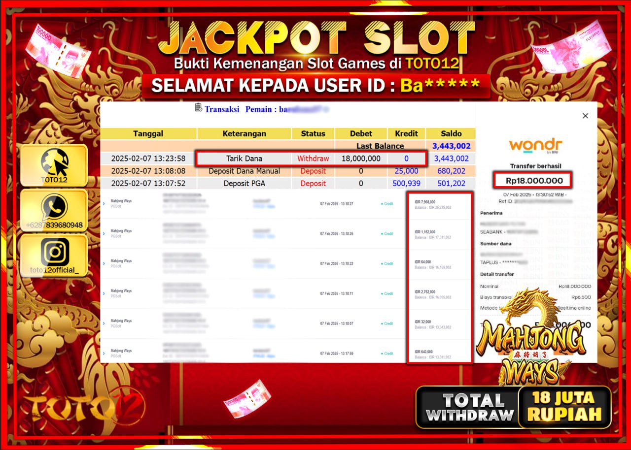 HANYA DI TOTO12 JP PASTI DI BAYAR LUNAS DAN CEPAT!!!!!! JACKPOT SLOT GAME (MAHJONG WAYS) Rp.18.000.000 !!!!