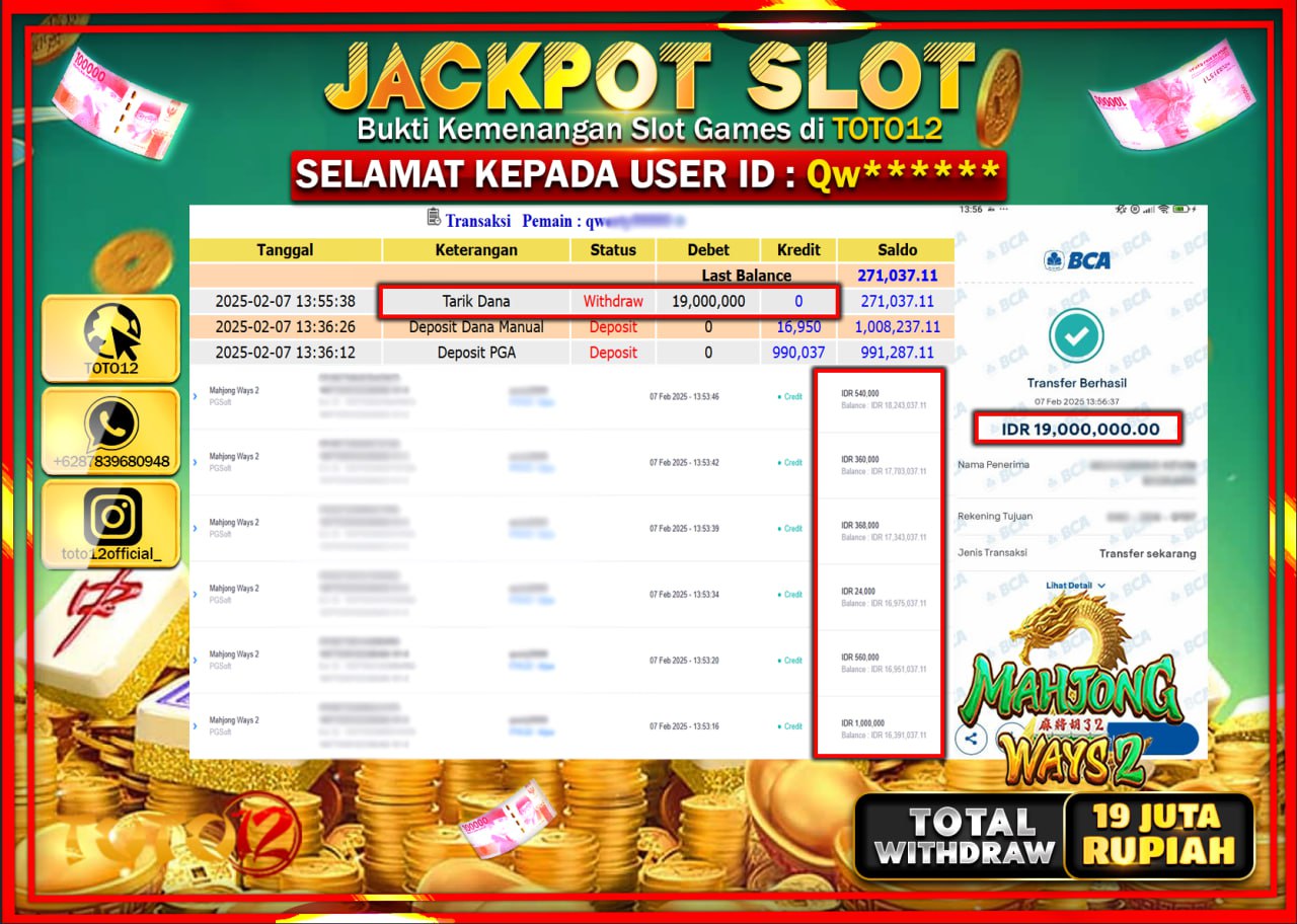 HANYA DI TOTO12 JP PASTI DI BAYAR LUNAS DAN CEPAT!!!!!! JACKPOT SLOT GAME (MAHJONG WAYS 2) Rp.19.000.000 !!!!