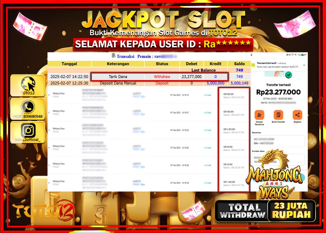 HANYA DI TOTO12 JP PASTI DI BAYAR LUNAS DAN CEPAT!!!!!! JACKPOT SLOT GAME (MAHJONG WAYS) Rp.23.000.000 !!!!
