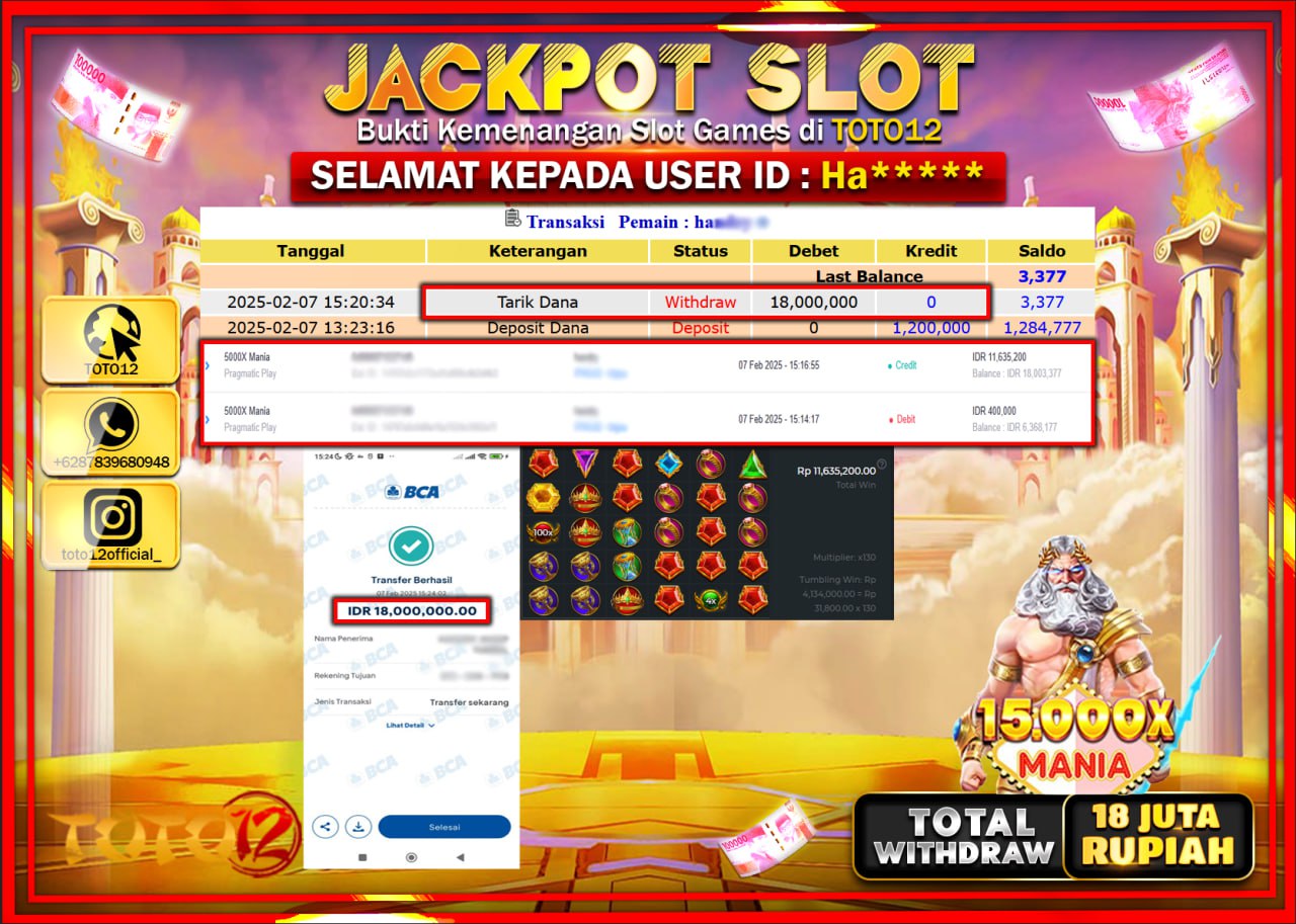 HANYA DI TOTO12 JP PASTI DI BAYAR LUNAS DAN CEPAT!!!!!! JACKPOT SLOT GAME (15 000x MANIA) Rp.18.000.000 !!!!