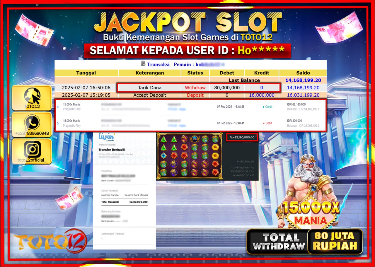 HANYA DI TOTO12 JP PASTI DI BAYAR LUNAS DAN CEPAT!!!!!! JACKPOT SLOT GAME (15 000x MANIA) Rp.80.000.000 !!!!