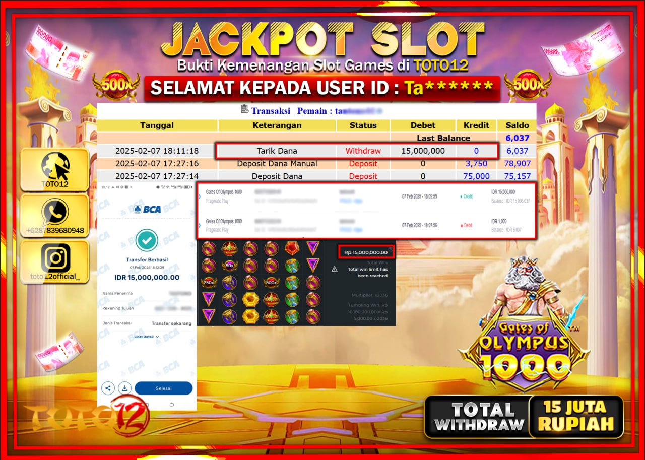 HANYA DI TOTO12 JP PASTI DI BAYAR LUNAS DAN CEPAT!!!!!! JACKPOT SLOT GAME (GATES OF OLYMPUS 1000) Rp.15.000.000 !!!!