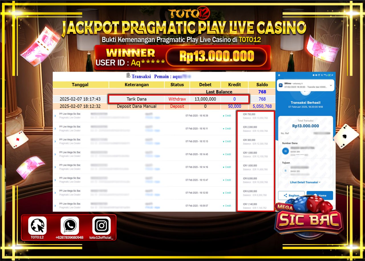 HANYA DI TOTO12 JP PASTI DI BAYAR LUNAS DAN CEPAT!!!!!! JACKPOT PRAGMATIC PLAY LIVE CASINO (MEGA SIC BAC) Rp.13.000.000 !!!!