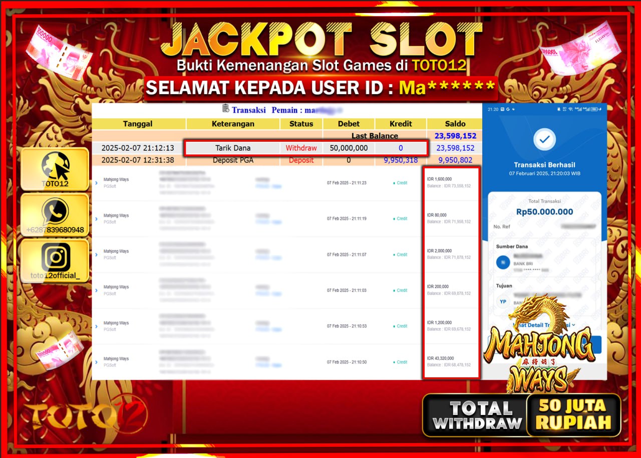 HANYA DI TOTO12 JP PASTI DI BAYAR LUNAS DAN CEPAT!!!!!! JACKPOT SLOT GAME (MAHJONG WAYS) Rp.50.000.000 !!!!