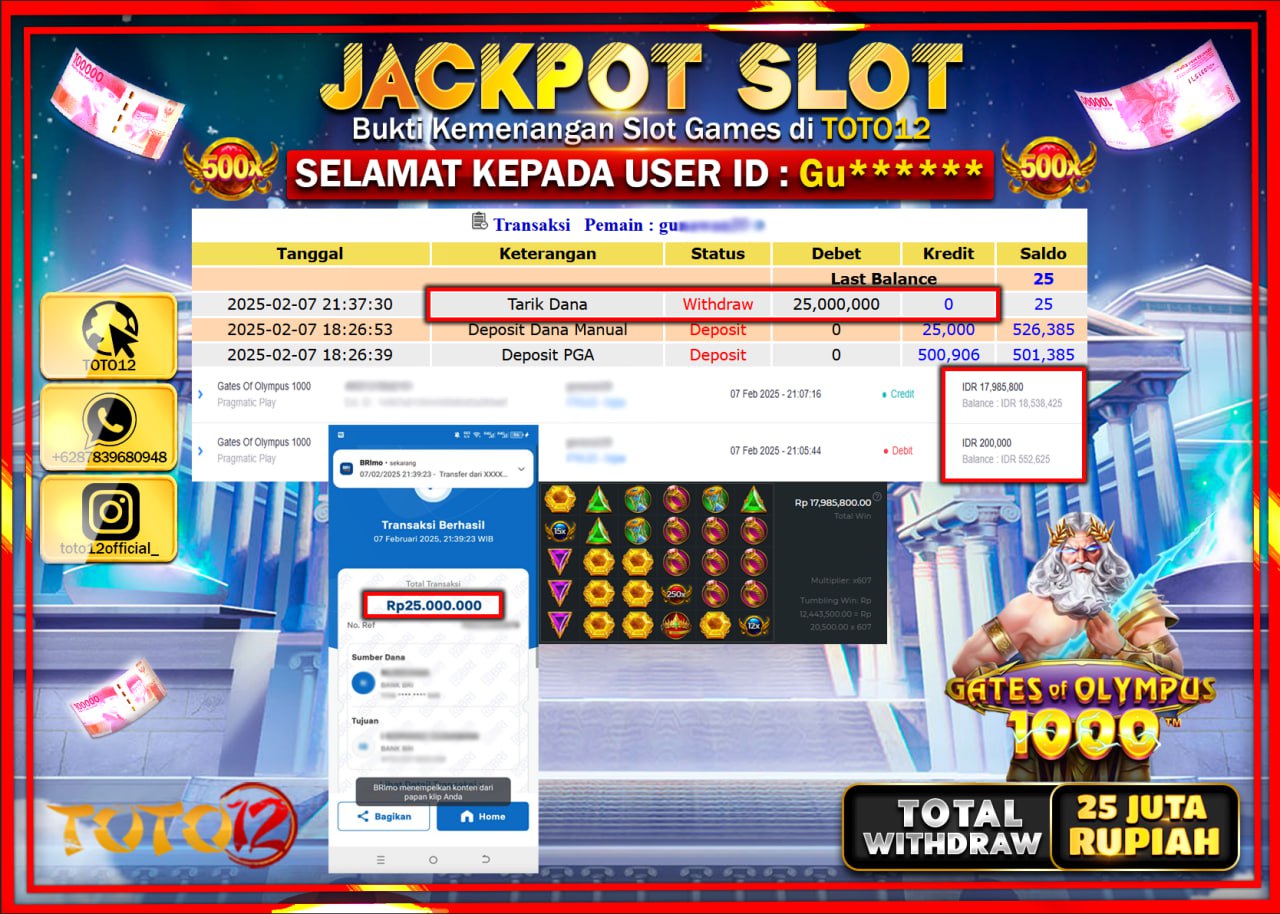 HANYA DI TOTO12 JP PASTI DI BAYAR LUNAS DAN CEPAT!!!!!! JACKPOT SLOT GAME (GATES OF OLYMPUS 1000) Rp.25.000.000 !!!!