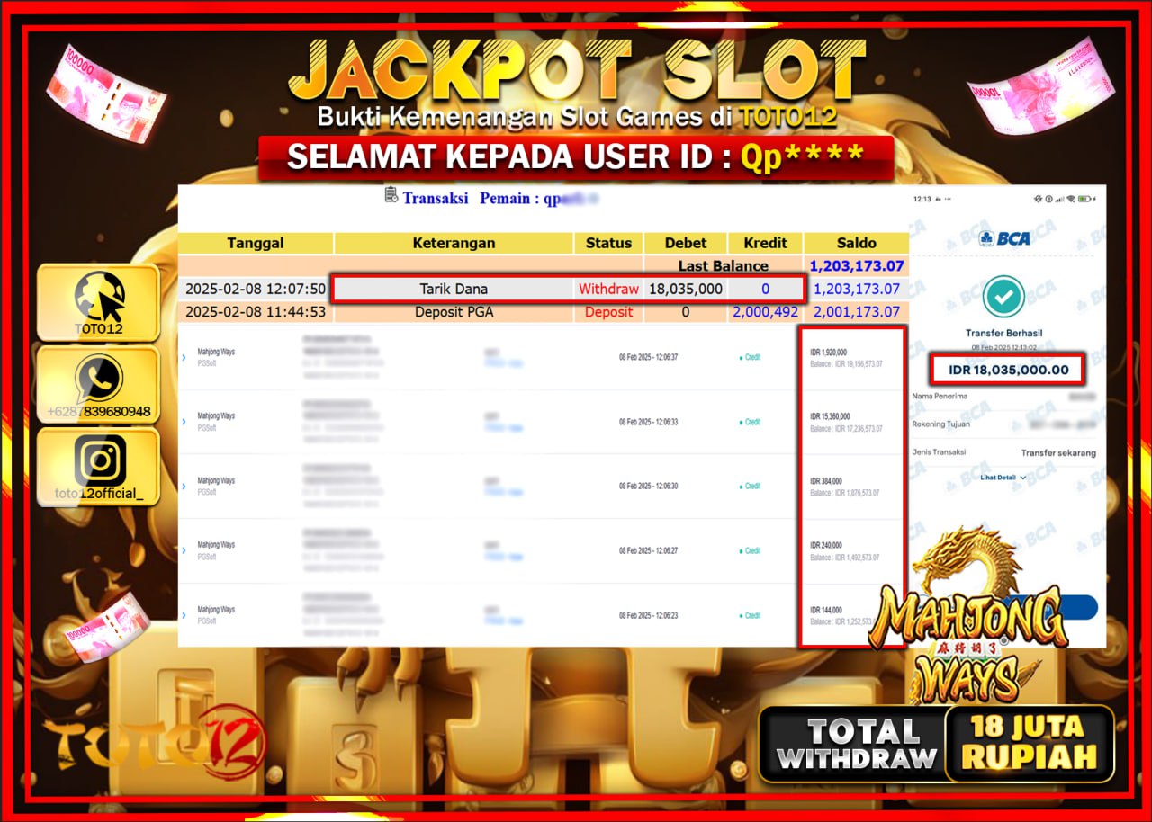 HANYA DI TOTO12 JP PASTI DI BAYAR LUNAS DAN CEPAT!!!!!! JACKPOT SLOT GAME (MAHJONG WAYS) Rp.18.000.000 !!!!