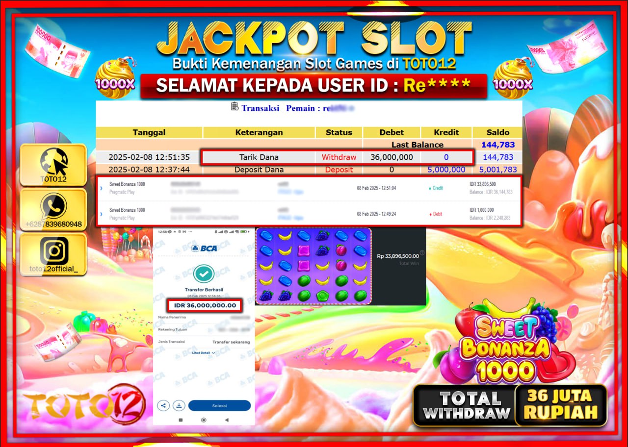 HANYA DI TOTO12 JP PASTI DI BAYAR LUNAS DAN CEPAT!!!!!! JACKPOT SLOT GAME (SWEET BONANZA 1000) Rp.36.000.000 !!!!