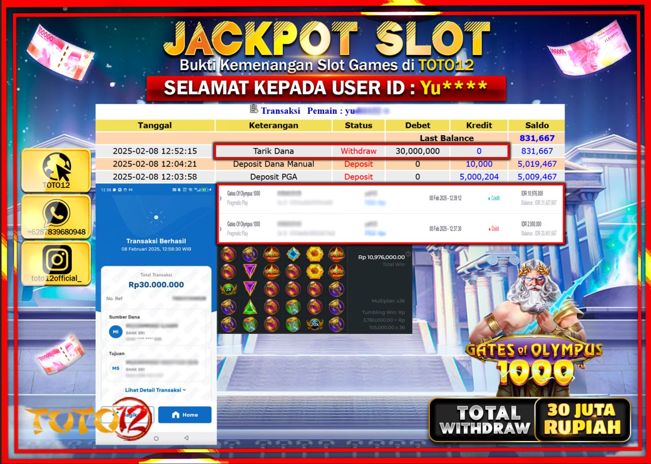 HANYA DI TOTO12 JP PASTI DI BAYAR LUNAS DAN CEPAT!!!!!! JACKPOT SLOT GAME (GATES OF OLYMPUS 1000) Rp.30.000.000 !!!!