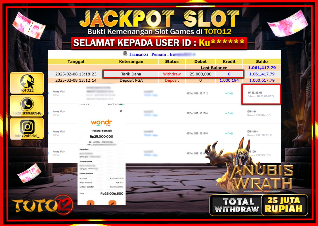 HANYA DI TOTO12 JP PASTI DI BAYAR LUNAS DAN CEPAT!!!!!! JACKPOT SLOT GAME (ANUBIS WRATH) Rp.25.000.000 !!!!