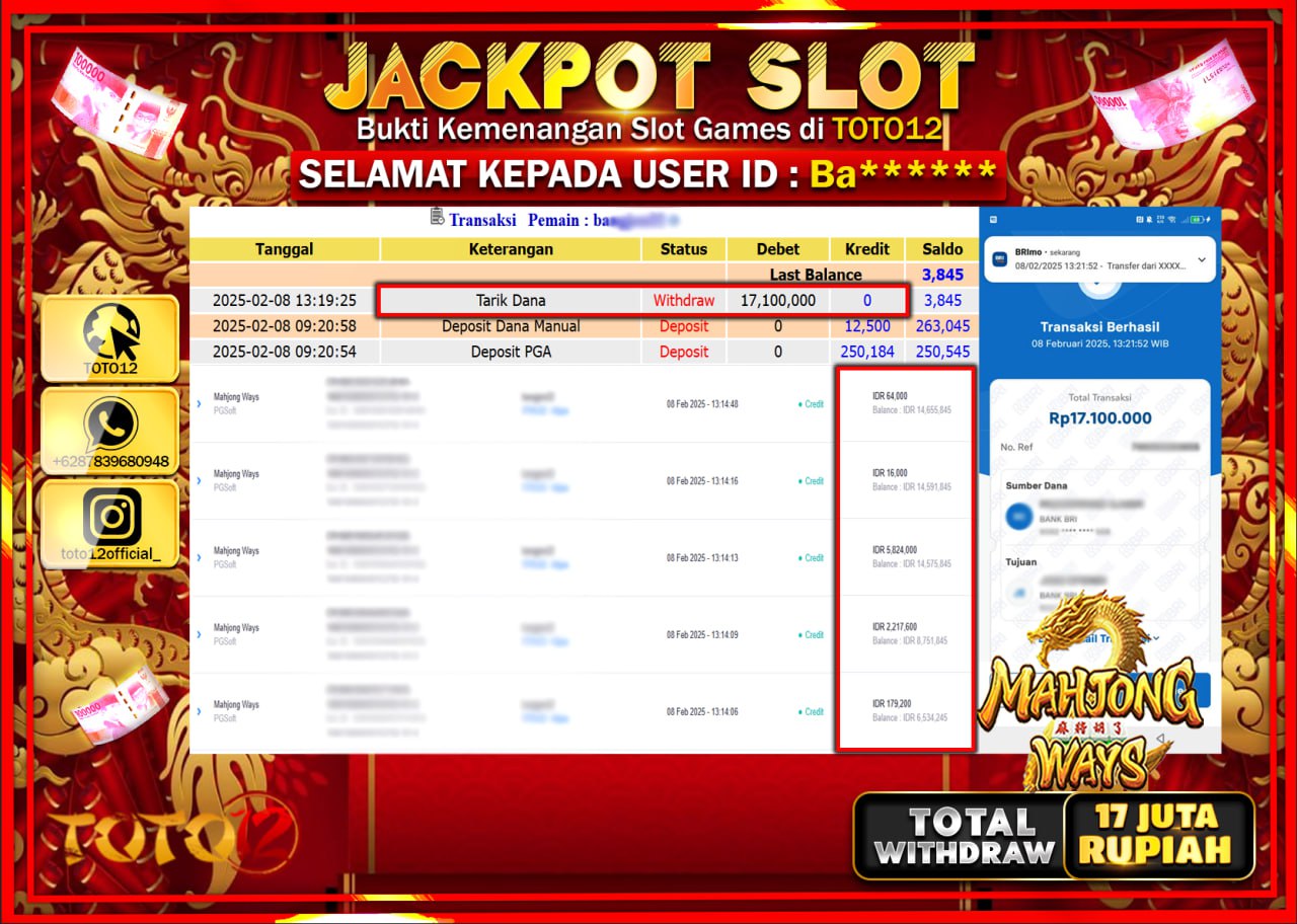 HANYA DI TOTO12 JP PASTI DI BAYAR LUNAS DAN CEPAT!!!!!! JACKPOT SLOT GAME (MAHJONG WAYS) Rp.17.000.000 !!!!