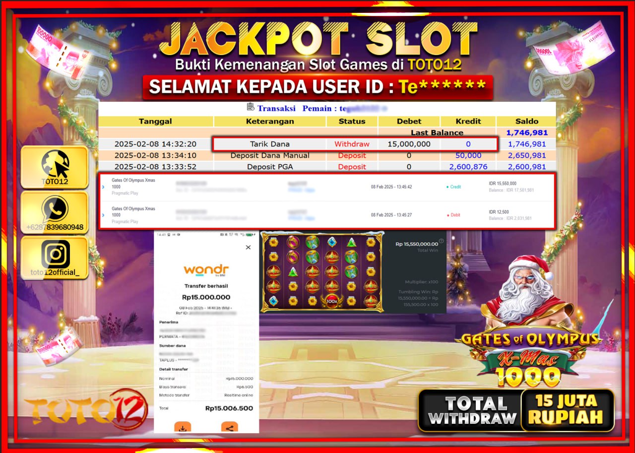 HANYA DI TOTO12 JP PASTI DI BAYAR LUNAS DAN CEPAT!!!!!! JACKPOT SLOT GAME (GATES OF OLYMPUS XMAS 1000) Rp.15.000.000 !!!!