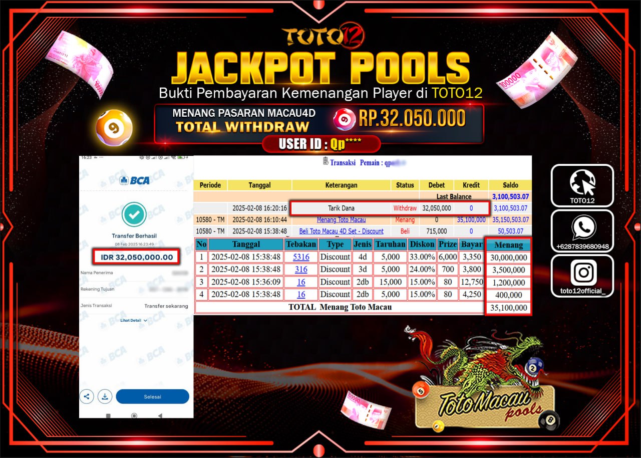 HANYA DI TOTO12 JP PASTI DI BAYAR LUNAS DAN CEPAT!!!!!! JACKPOT POOLS (TOTO MACAU) Rp.32.050.000 !!!!
