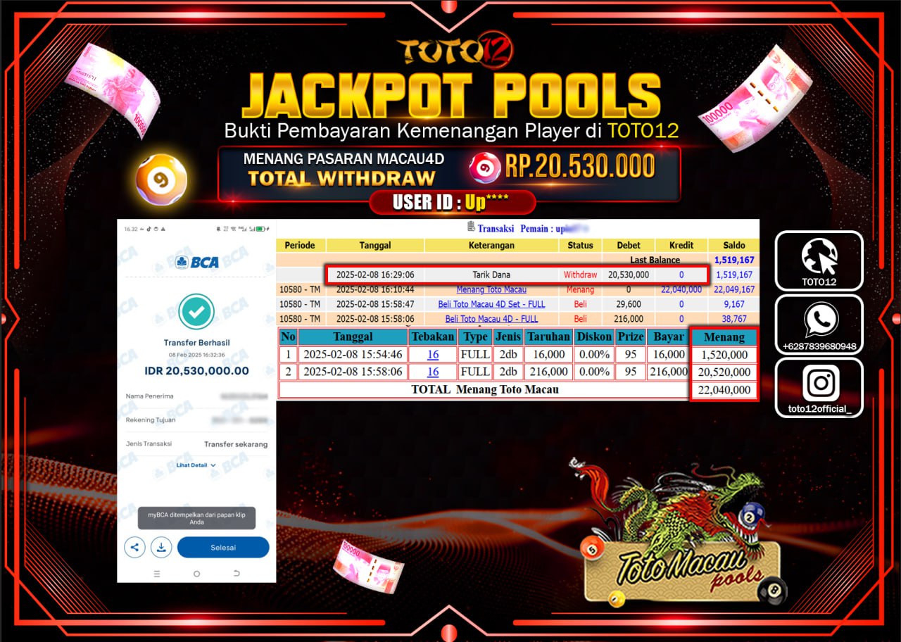 HANYA DI TOTO12 JP PASTI DI BAYAR LUNAS DAN CEPAT!!!!!! JACKPOT POOLS (TOTO MACAU) Rp.20.530.000 !!!!