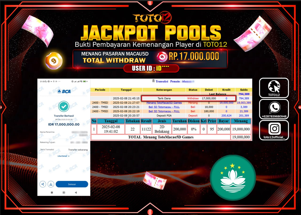 HANYA DI TOTO12 JP PASTI DI BAYAR LUNAS DAN CEPAT!!!!!! JACKPOT POOLS (TOTO MACAU 5D) Rp.17.000.000 !!!!