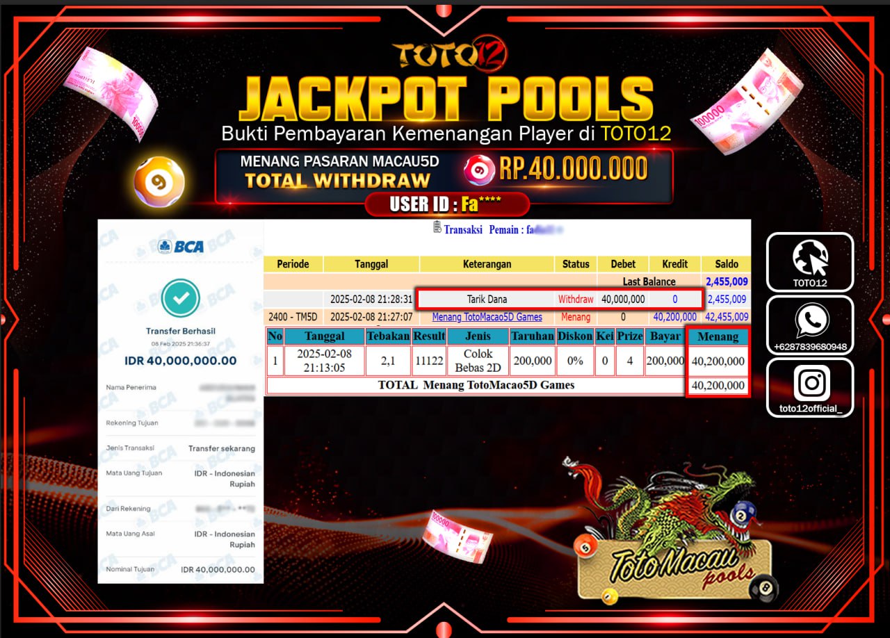 HANYA DI TOTO12 JP PASTI DI BAYAR LUNAS DAN CEPAT!!!!!! JACKPOT POOLS (TOTO MACAU) Rp.40.000.000 !!!!
