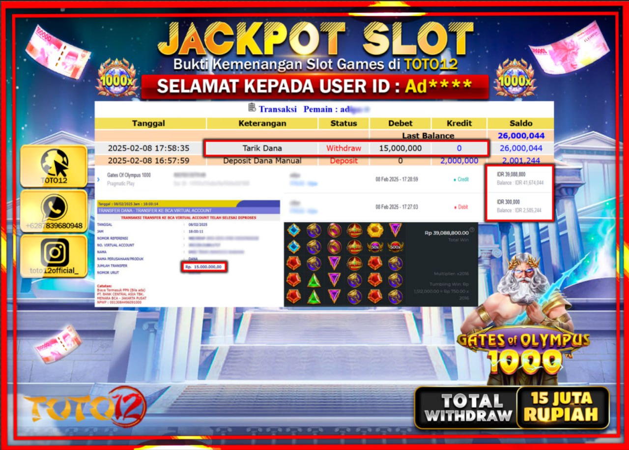 HANYA DI TOTO12 JP PASTI DI BAYAR LUNAS DAN CEPAT!!!!!! JACKPOT SLOT GAME (GATES OF OLYMPUS 1000) Rp.15.000.000 !!!!