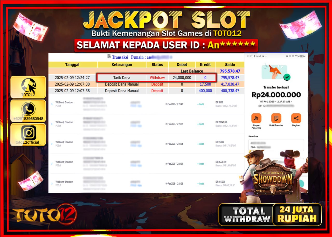 HANYA DI TOTO12 JP PASTI DI BAYAR LUNAS DAN CEPAT!!!!!! JACKPOT SLOT GAME (WILD BOUNTY SHOWDOWN) Rp.24.000.000 !!!!