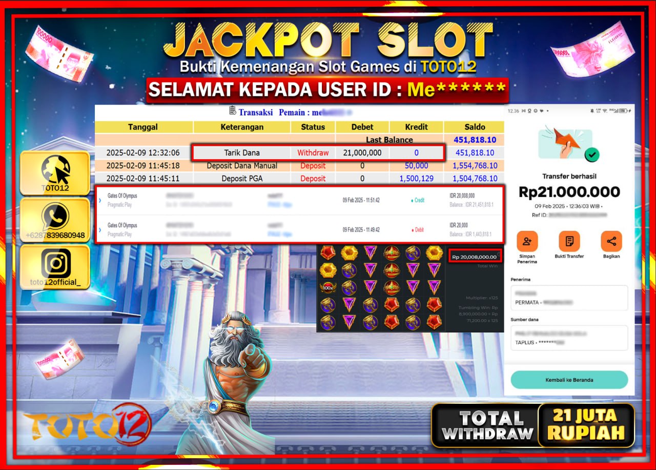 HANYA DI TOTO12 JP PASTI DI BAYAR LUNAS DAN CEPAT!!!!!! JACKPOT SLOT GAME (GATES OF OLYMPUS) Rp.21.000.000 !!!!