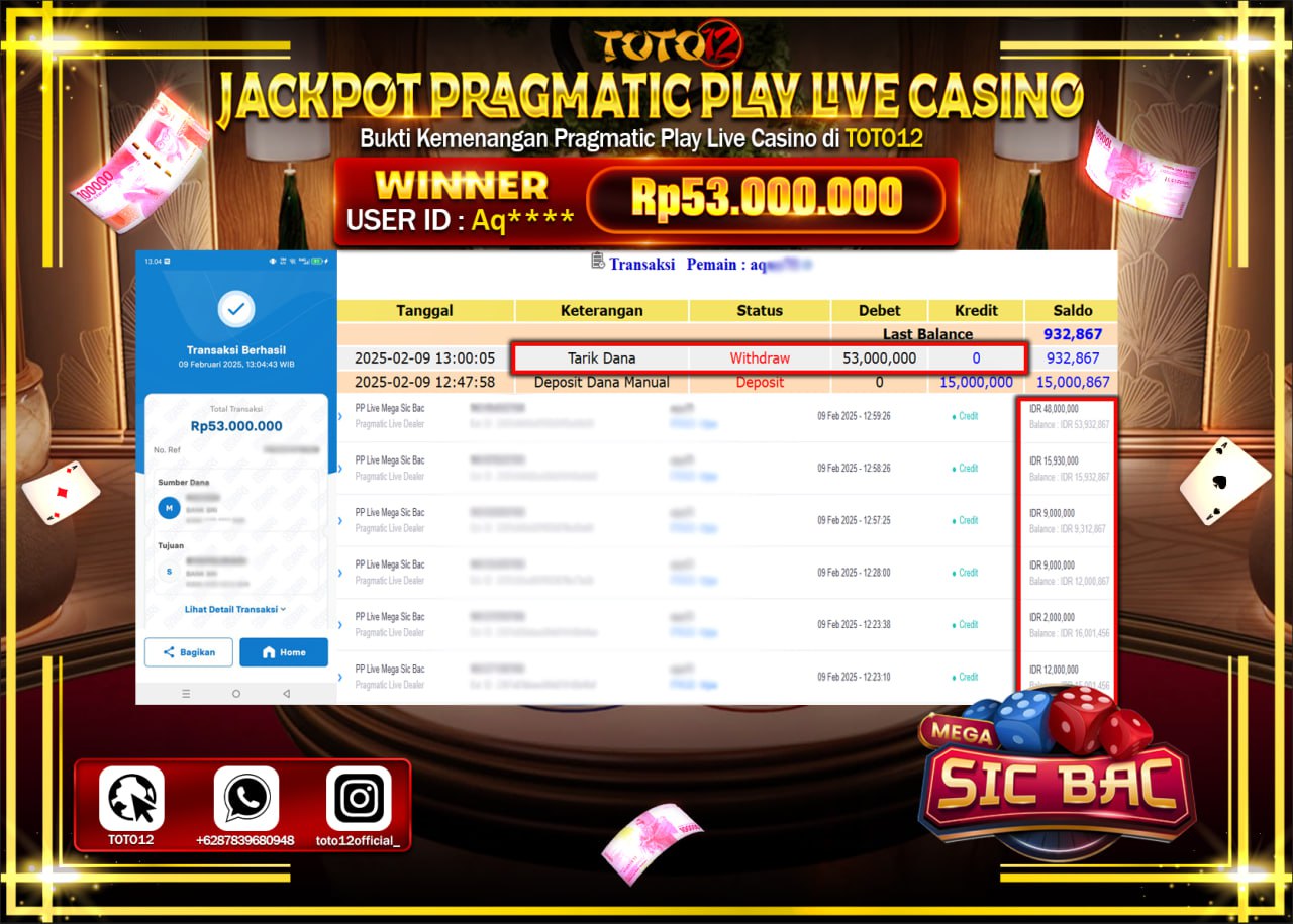 HANYA DI TOTO12 JP PASTI DI BAYAR LUNAS DAN CEPAT!!!!!! JACKPOT PRAGMATIC PLAY LIVE CASINO (MEGA SIC BAC) Rp.53.000.000 !!!!