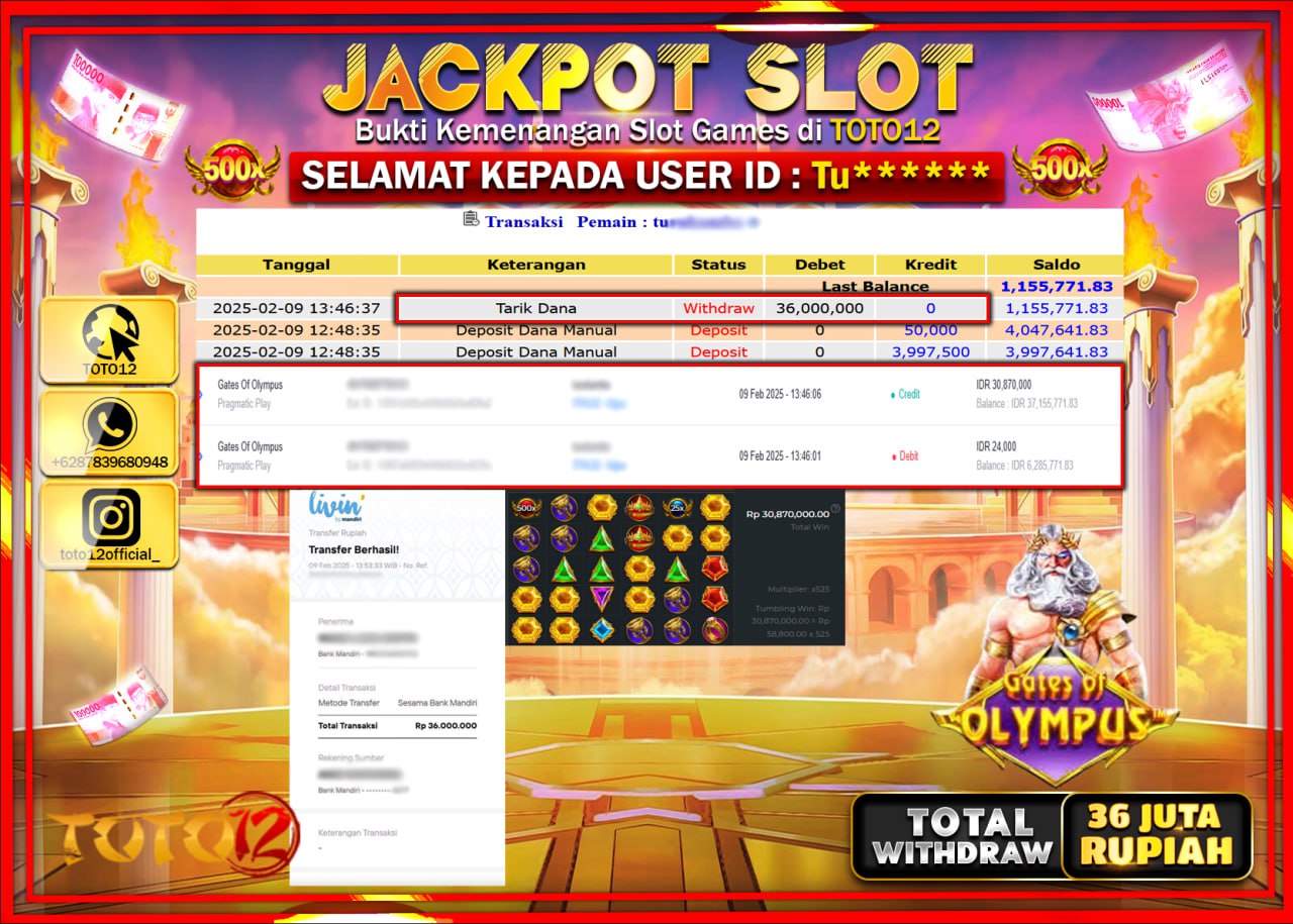 HANYA DI TOTO12 JP PASTI DI BAYAR LUNAS DAN CEPAT!!!!!! JACKPOT SLOT GAME (GATES OF OLYMPUS) Rp.36.000.000 !!!!