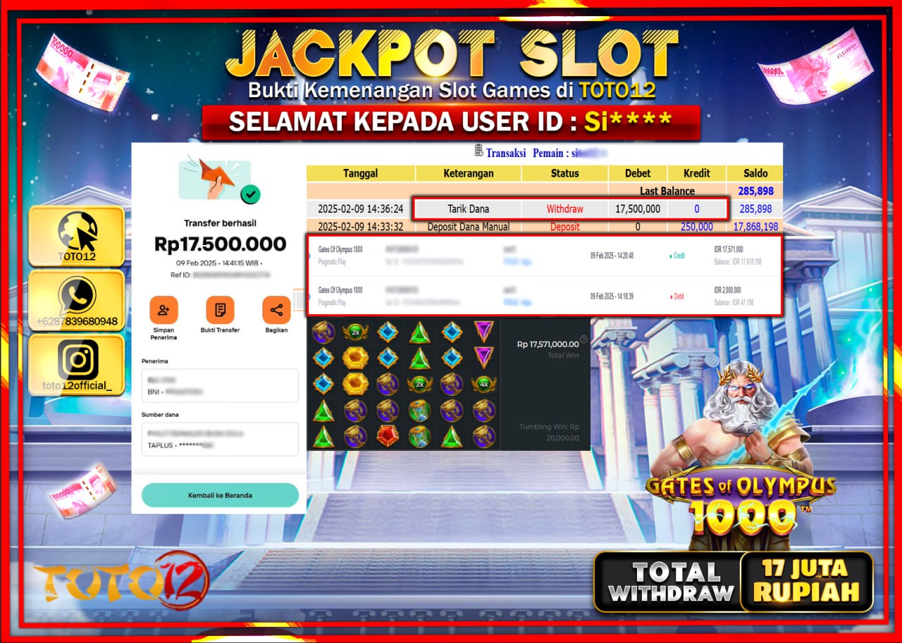 HANYA DI TOTO12 JP PASTI DI BAYAR LUNAS DAN CEPAT!!!!!! JACKPOT SLOT GAME (GATES OF OLYMPUS 1000) Rp.17.500.000 !!!!