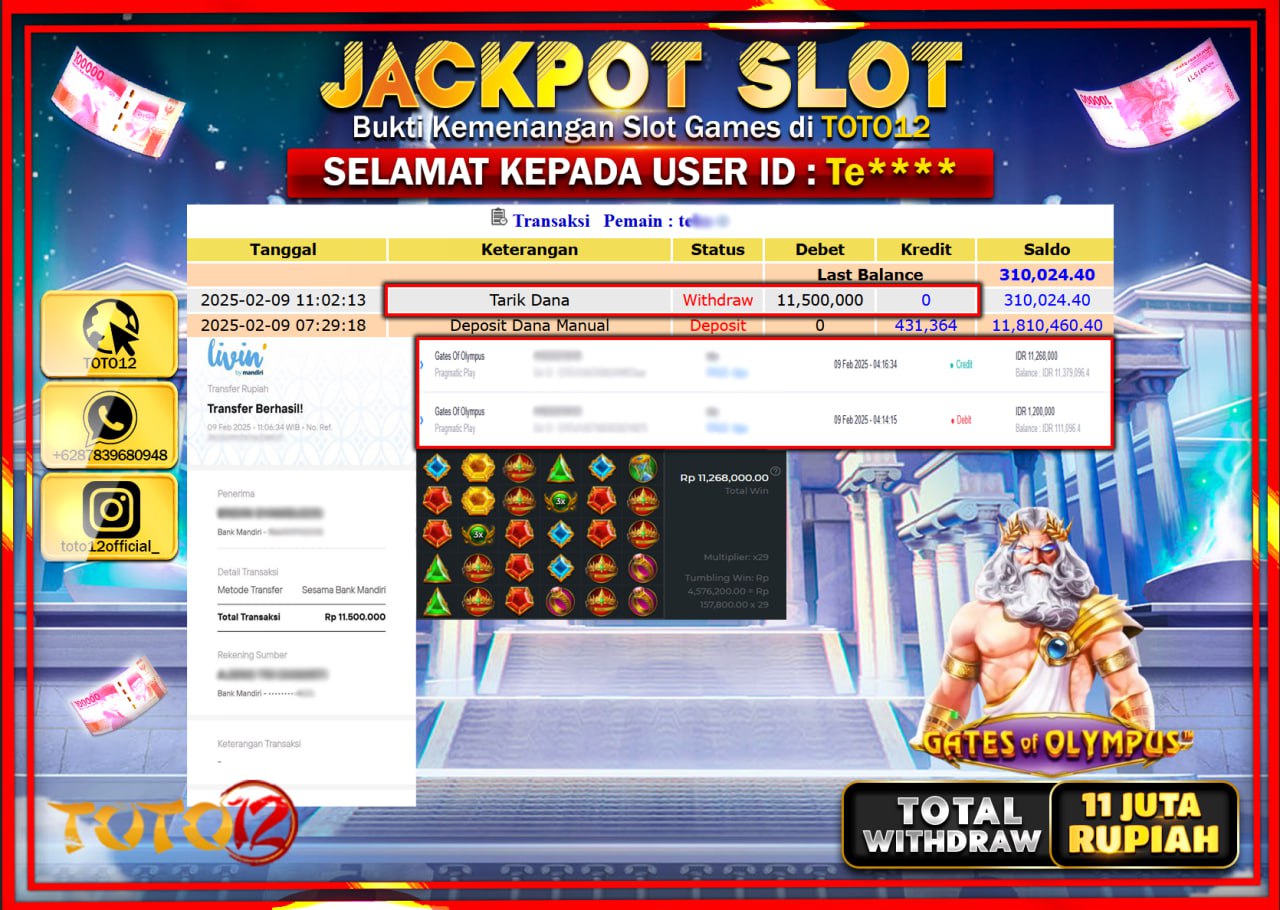 HANYA DI TOTO12 JP PASTI DI BAYAR LUNAS DAN CEPAT!!!!!! JACKPOT SLOT GAME (GATES OF OLYMPUS) Rp.11.000.000 !!!!