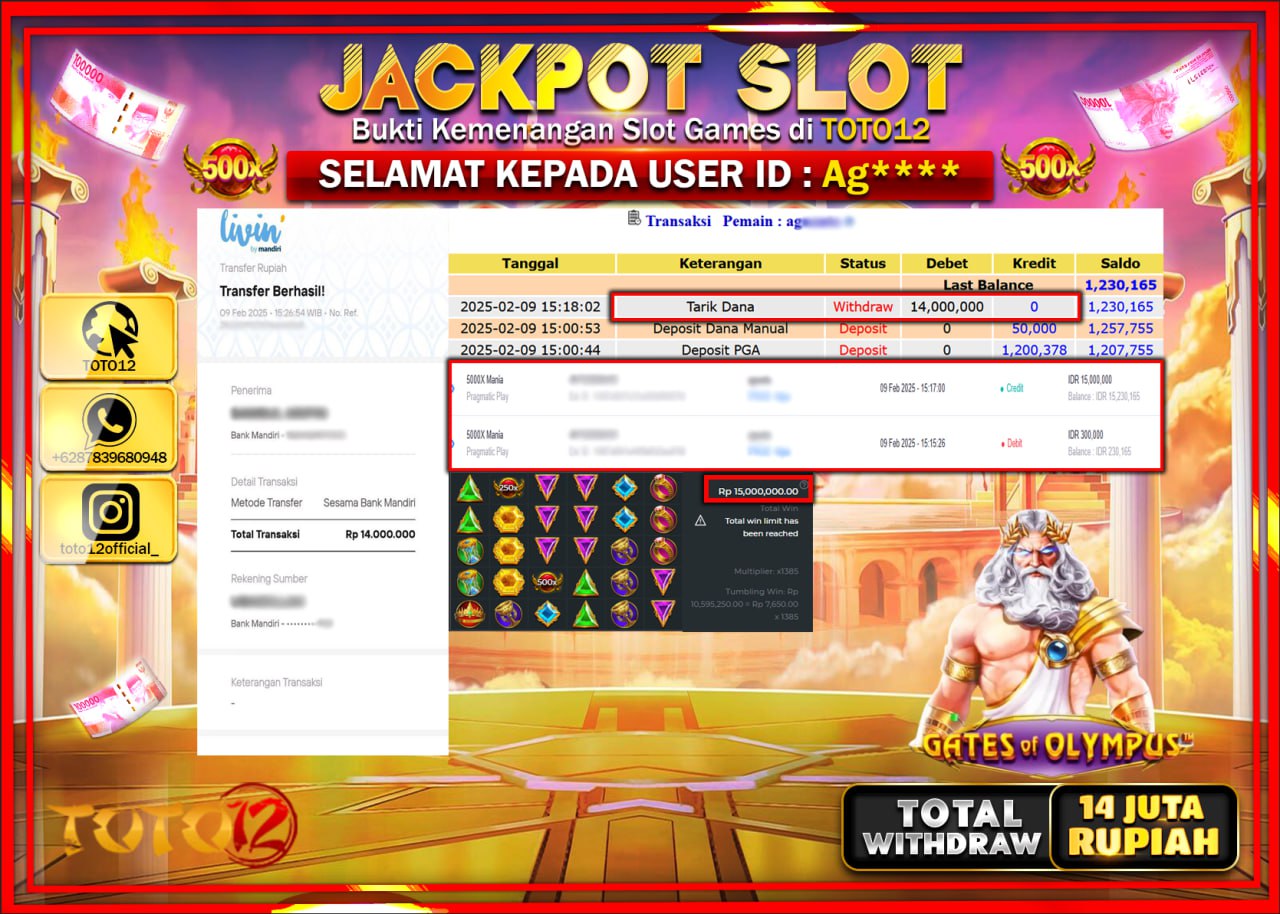 HANYA DI TOTO12 JP PASTI DI BAYAR LUNAS DAN CEPAT!!!!!! JACKPOT SLOT GAME (500x MANIA) Rp.14.000.000 !!!!