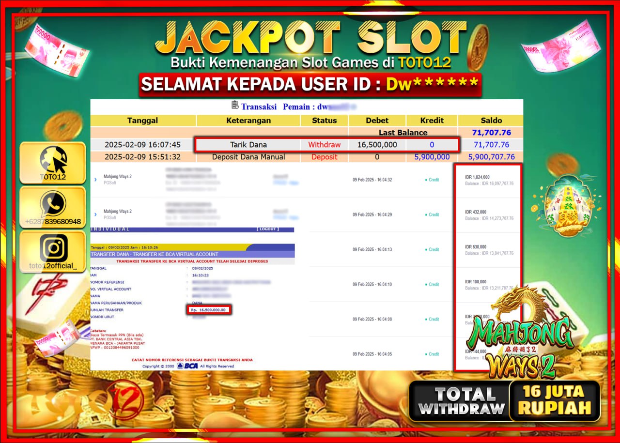 HANYA DI TOTO12 JP PASTI DI BAYAR LUNAS DAN CEPAT!!!!!! JACKPOT SLOT GAME (MAHJONG WAYS 2) Rp.16.500.000 !!!!