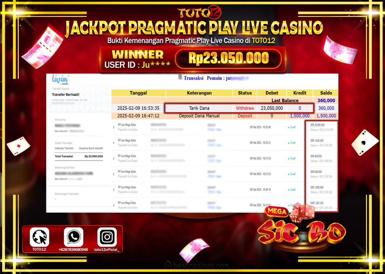 HANYA DI TOTO12 JP PASTI DI BAYAR LUNAS DAN CEPAT!!!!!! JACKPOT PRAGMATIC PLAY LIVE CASINO (MEGA SIC BO) Rp.23.050.000 !!!!