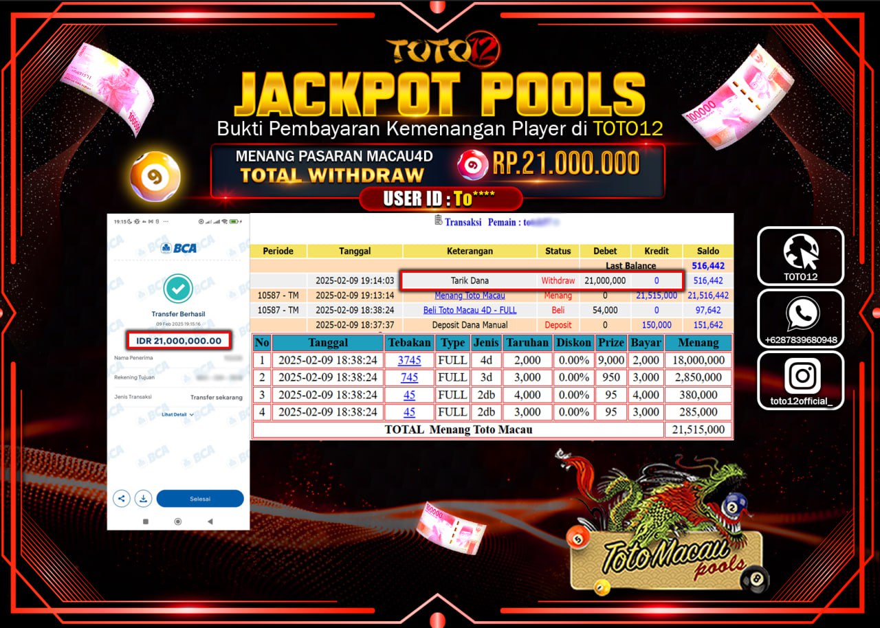HANYA DI TOTO12 JP PASTI DI BAYAR LUNAS DAN CEPAT!!!!!! JACKPOT POOLS (TOTO MACAU) Rp.21.000.000 !!!!