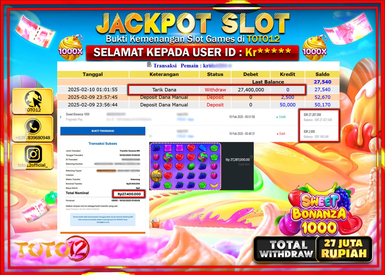HANYA DI TOTO12 JP PASTI DI BAYAR LUNAS DAN CEPAT!!!!!! JACKPOT SLOT GAME (SWEET BONANZA 1000) Rp.27.000.000 !!!!
