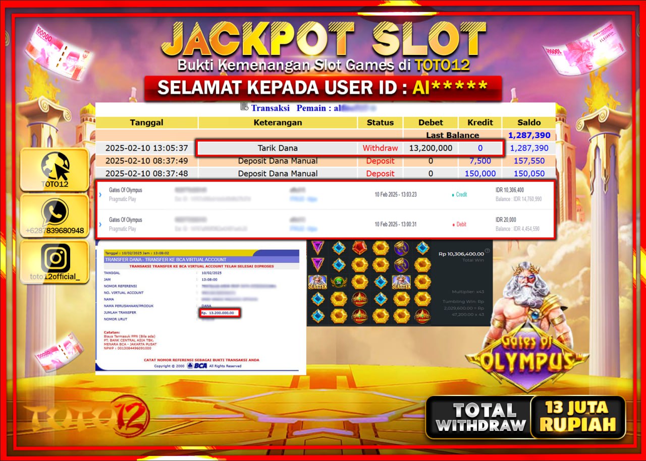HANYA DI TOTO12 JP PASTI DI BAYAR LUNAS DAN CEPAT!!!!!! JACKPOT SLOT GAME (GATES OF OLYMPUS 1000) Rp.13.000.000 !!!!