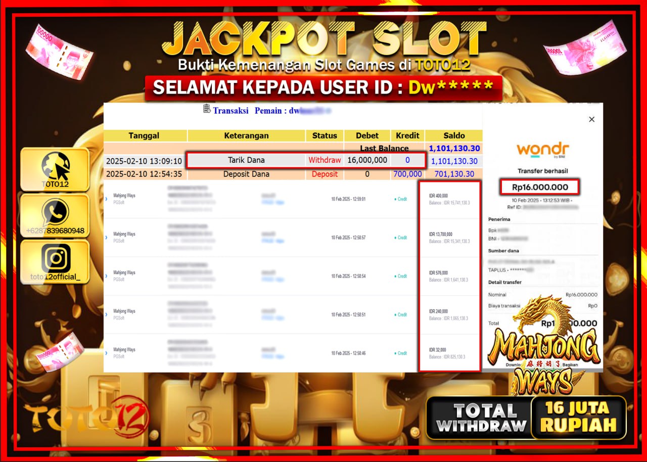HANYA DI TOTO12 JP PASTI DI BAYAR LUNAS DAN CEPAT!!!!!! JACKPOT SLOT GAME (MAHJONG WAYS) Rp.16.000.000 !!!!