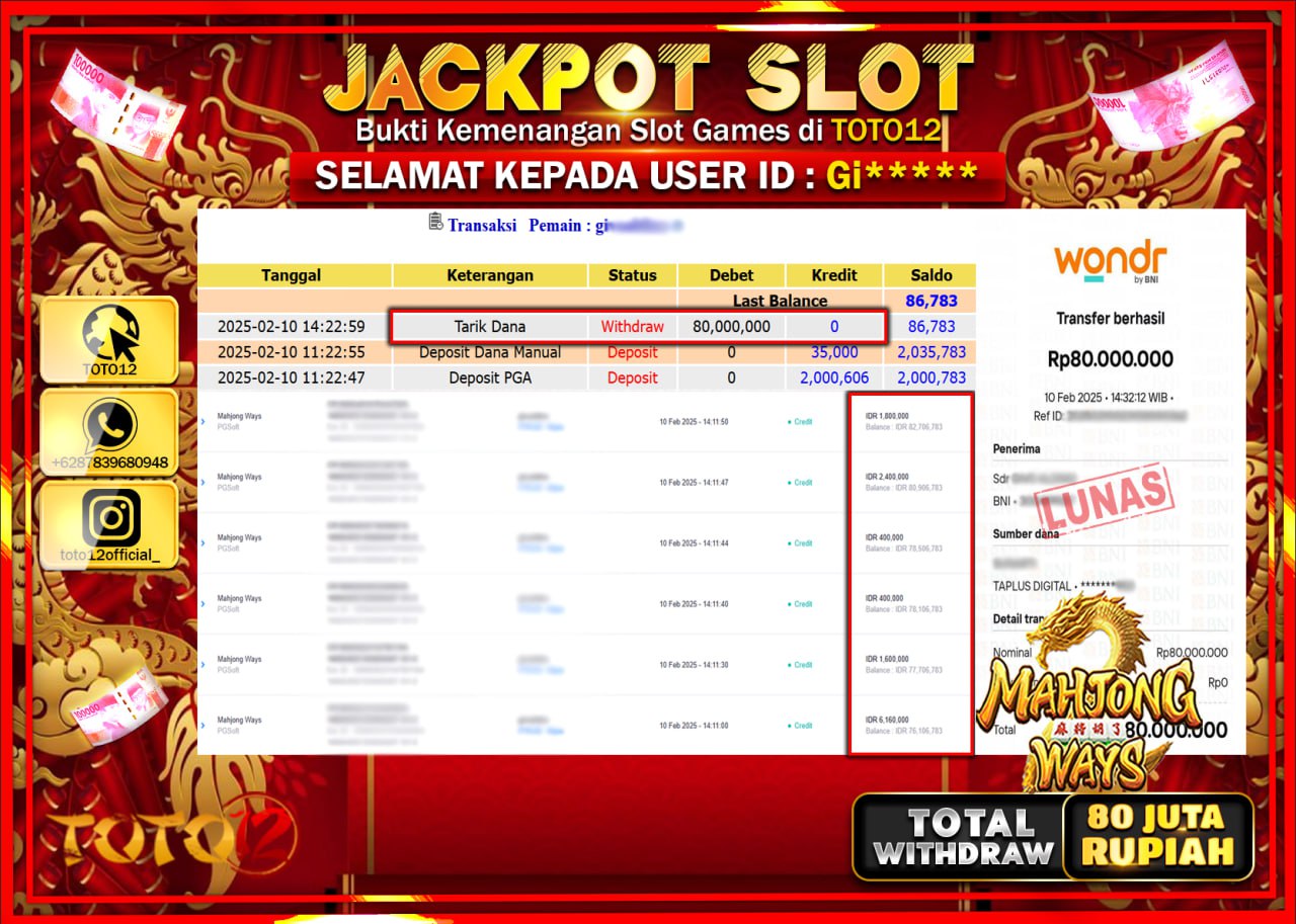 HANYA DI TOTO12 JP PASTI DI BAYAR LUNAS DAN CEPAT!!!!!! JACKPOT SLOT GAME (MAHJONG WAYS) Rp.80.000.000 !!!!