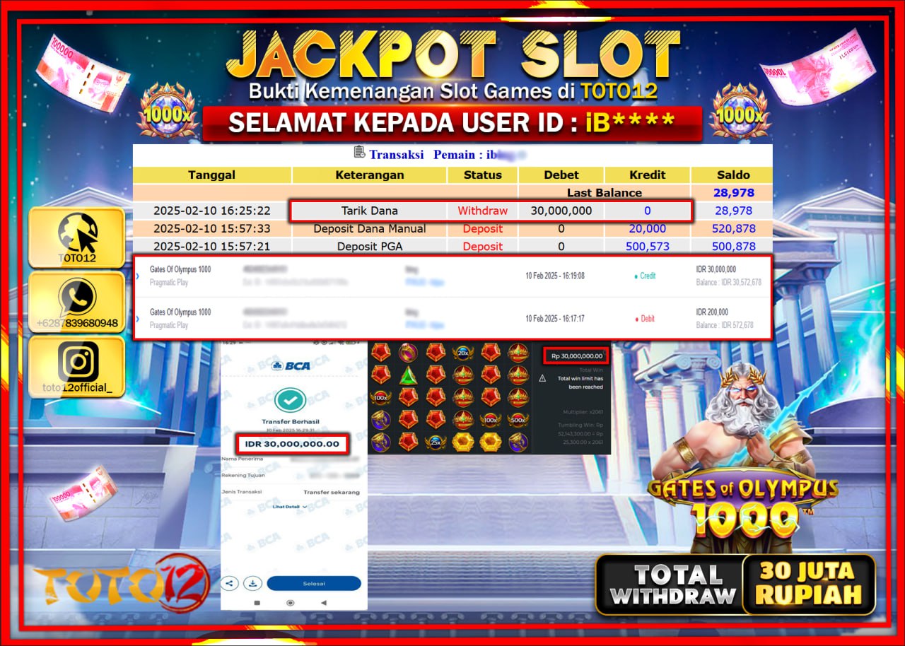 HANYA DI TOTO12 JP PASTI DI BAYAR LUNAS DAN CEPAT!!!!!! JACKPOT SLOT GAME (GATES OF OLYMPUS 1000) Rp.30.000.000 !!!!
