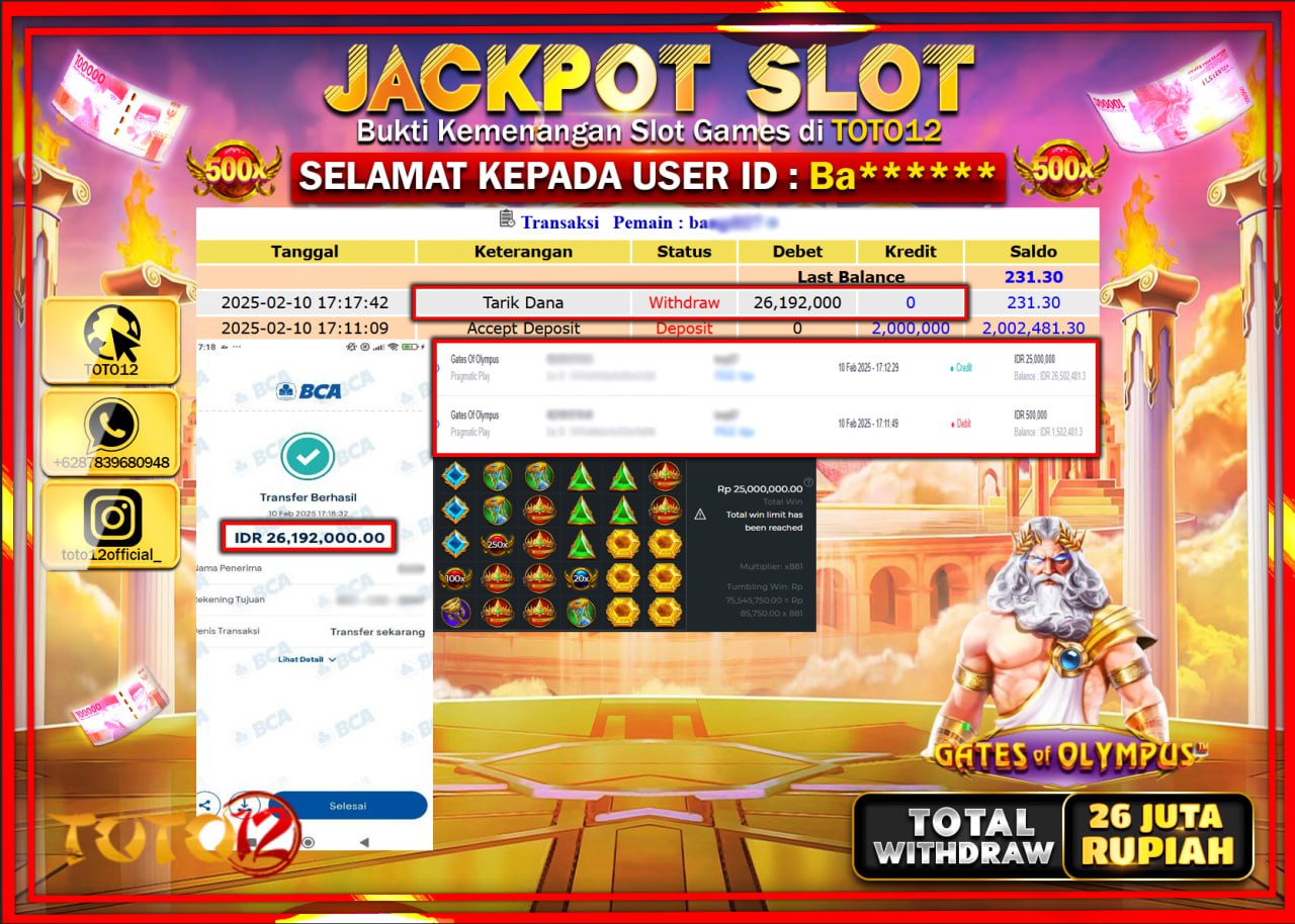 HANYA DI TOTO12 JP PASTI DI BAYAR LUNAS DAN CEPAT!!!!!! JACKPOT SLOT GAME (GATES OF OLYMPUS) Rp.26.192.000 !!!!