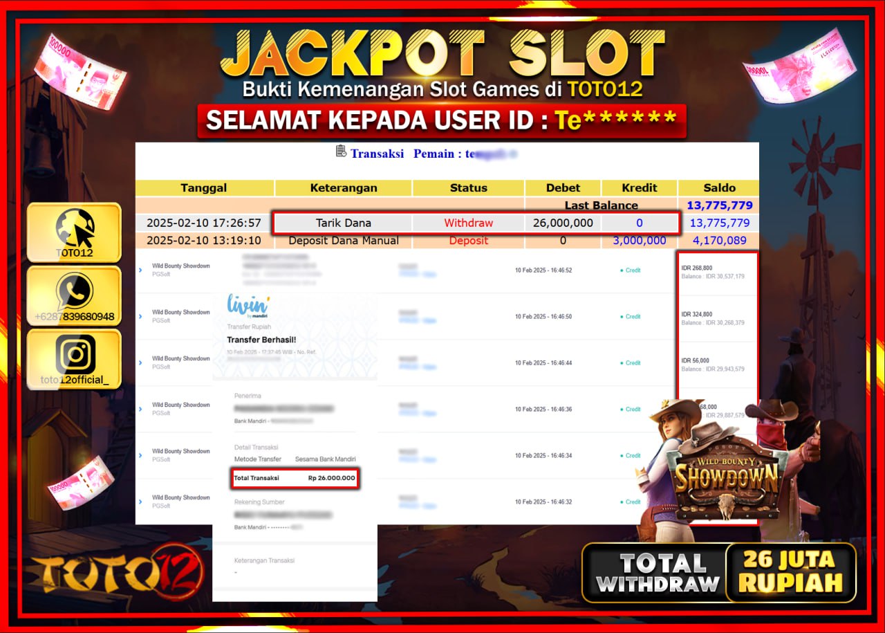 HANYA DI TOTO12 JP PASTI DI BAYAR LUNAS DAN CEPAT!!!!!! JACKPOT SLOT GAME (WILD BOUNTY SHOWDOWN) Rp.26.000.000 !!!!