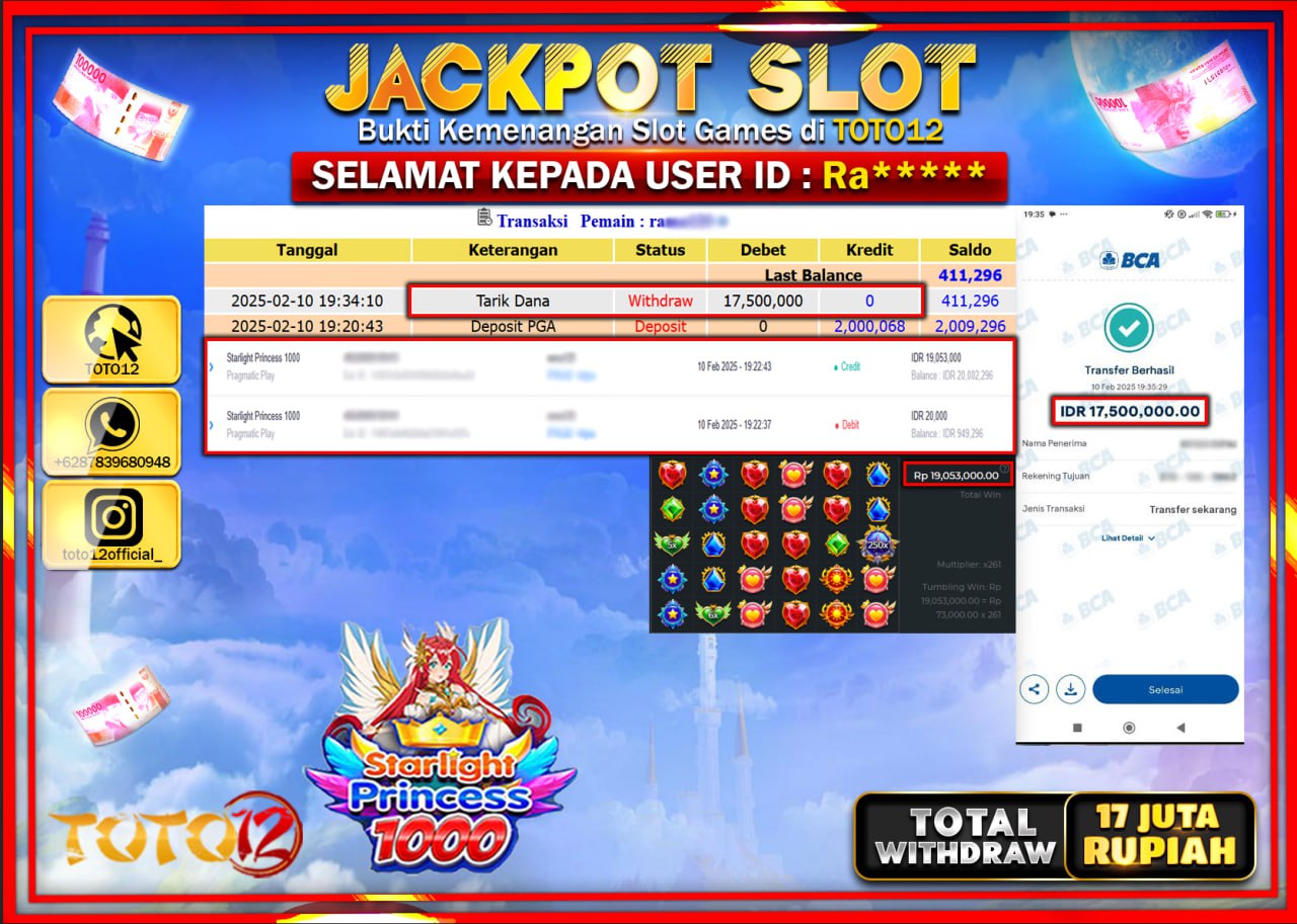 HANYA DI TOTO12 JP PASTI DI BAYAR LUNAS DAN CEPAT!!!!!! JACKPOT SLOT GAME (STARLIGHT PRINCESS 1000) Rp.17.500.000 !!!!