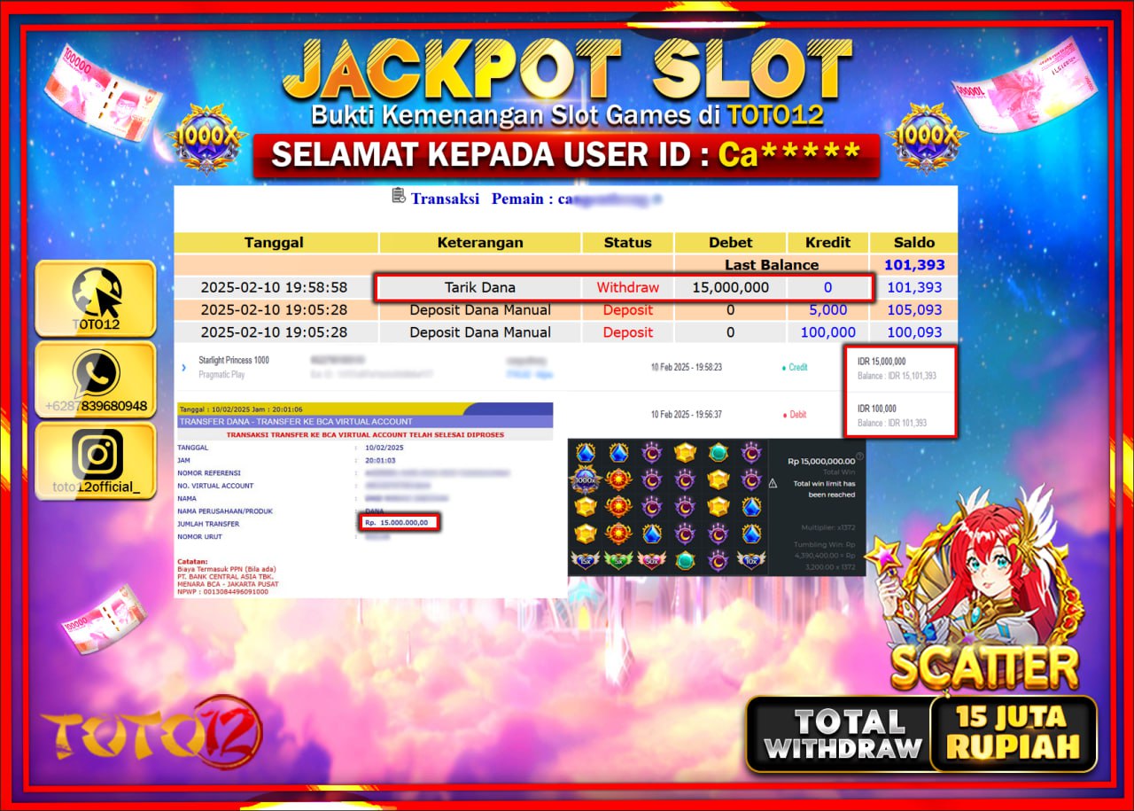 HANYA DI TOTO12 JP PASTI DI BAYAR LUNAS DAN CEPAT!!!!!! JACKPOT SLOT GAME (STARLIGHT PRINCESS 1000) Rp.15.000.000 !!!!