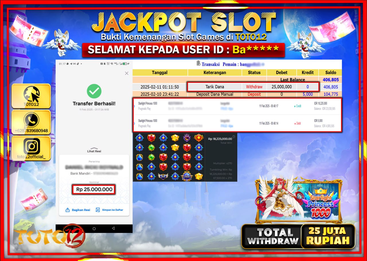HANYA DI TOTO12 JP PASTI DI BAYAR LUNAS DAN CEPAT!!!!!! JACKPOT SLOT GAME (STARLIGHT PRINCESS 1000) Rp.25.000.000 !!!!