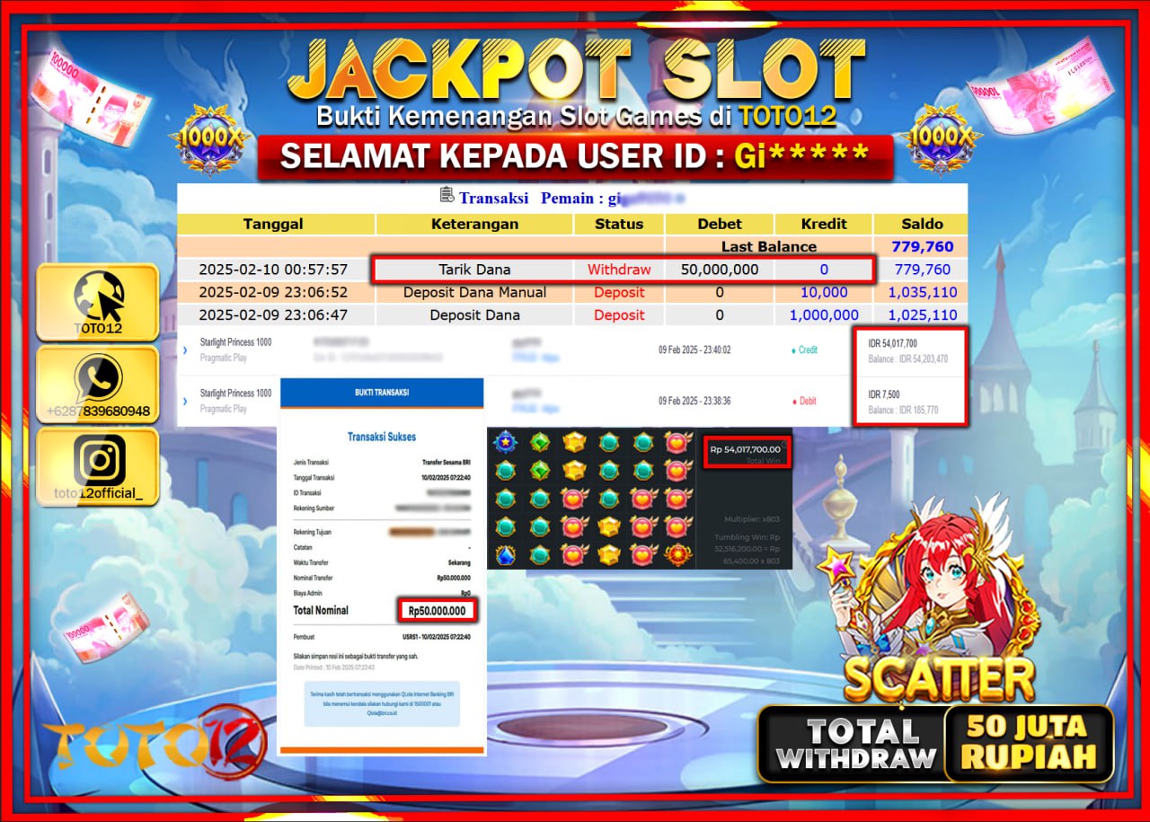 HANYA DI TOTO12 JP PASTI DI BAYAR LUNAS DAN CEPAT!!!!!! JACKPOT SLOT GAME (STARLIGHT PRINCESS 1000) Rp.50.000.000 !!!!